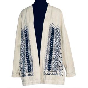 SOFT SURROUNDINGS Embroidered Cream Navy jacket Cardigan Large Open Embroidered